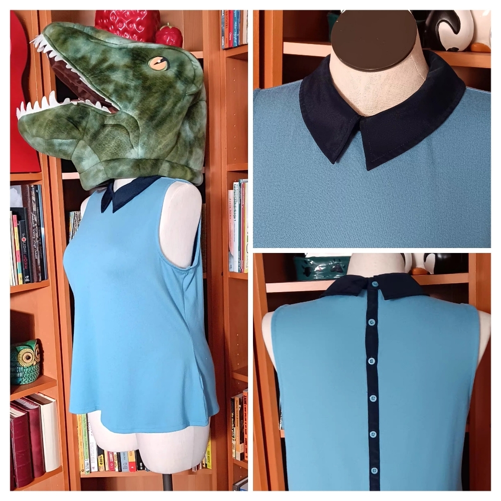 Modcloth Blue Sleeveless Pointed Collar Blouse with Back Buttons
